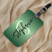Minimalist Emerald Green Metallic Name And Initial Luggage Tag