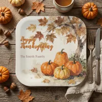 Rustic Orange Pumpkins Autumn Leaves Thanksgiving Paper Plates