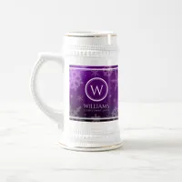 Festive Purple Foil Snowflakes Monogram Name Beer Stein