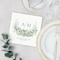 Monogram Elegant Eucalyptus Watercolor Wedding Napkins