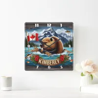 Canadian Beaver With Flag Near Kimberly Square Wall Clock