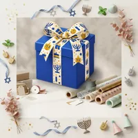 Festive Blue Cream Hanukkah Menorah Satin Ribbon