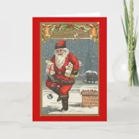 Vintage Christmas Greeting Santa Presents on Roof Holiday Card