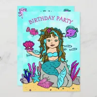 Brunette  Mermaid Under the Sea Birthday Party Invitation