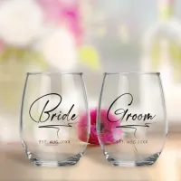 Modern Calligraphy Bride & Groom Black ID1025 Stemless Wine Glass