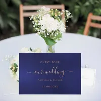 Navy blue rose gold script wedding  foil guest book 
