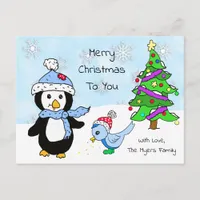 Cute Whimsical Christmas Penguin and Bird Postcard