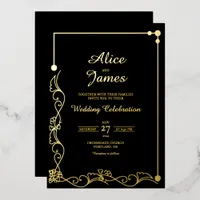 Elegant Floral Black Gold Foil Wedding Invitation