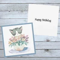 Happy Birthday Kitten Sitting In A Pot Of Flowers Card