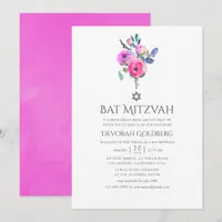 Hot-Pink Watercolor Floral Bat Mitzvah Invitation