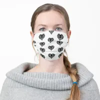 Black and White Filigree Hearts Adult Cloth Face Mask