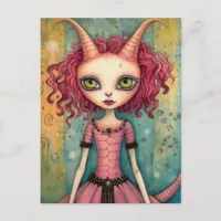 Fantasy Pink Cat Alien Woman Mixed Media Postcard