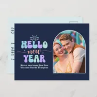 Sapphire Groove New Year Retro Modern Blue Photo Holiday Postcard
