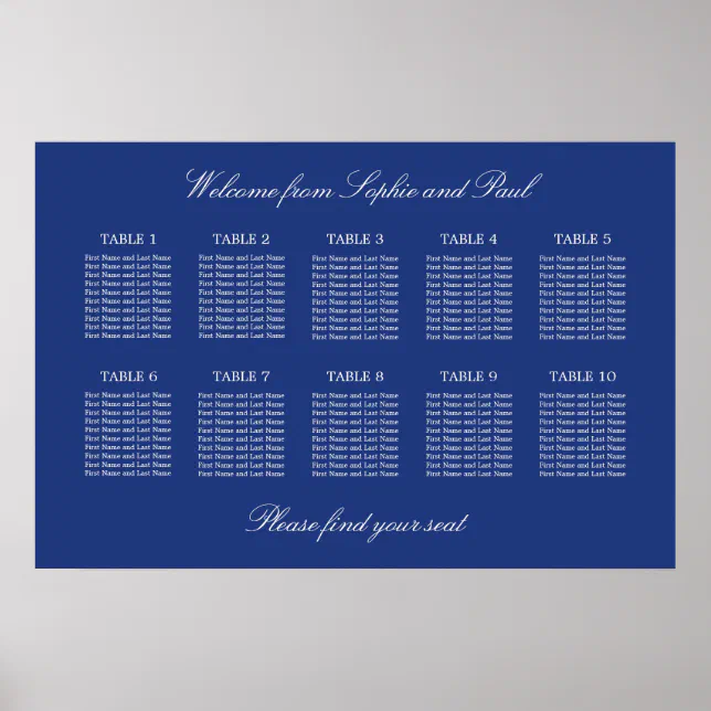 Dark Blue 10 Table Wedding Seating Chart Poster