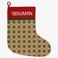 Rustic Green Pine Needles and Red Lace Large Christmas Stocking