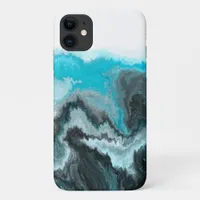 Aqua Blue Gray and Black Waves Abstract Modern Art iPhone 11 Case