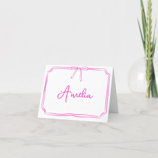 Handwritten Custom Hot Pink Bow Aesthetic Notecard