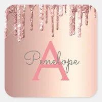 Girly Pink Glitter Monogrammed Rose Gold Drips Square Sticker