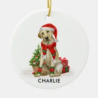 Yellow Labrador Dog Festive Santa Christmas Ceramic Ornament