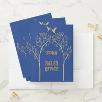 Monogrammed Gold Trees with Birds on Blue | Pocket Folder