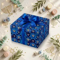 Festive Blue Gold Floral Menorah Wrapping Paper