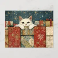 Cute White Cat Peeking over Christmas Gifts Postcard