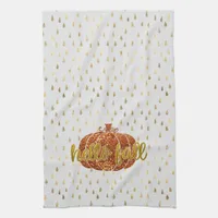 Hello Fall Glitter Pumpkin + Metallic Gold & White Kitchen Towel