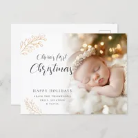 Baby First Christmas Calligraphy Leaves Photo Holiday Postcard