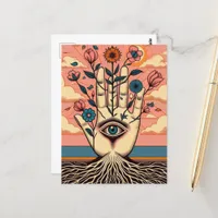 Rooted Surreal Gardeners Hand With Pink Flowers Postcard