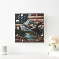 Moose With Mountains and Flag Background Square Wall Clock