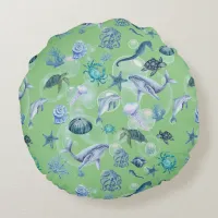 Under the Sea Blue Watercolor on green | Round Pillow