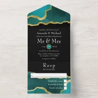 Turquoise - Teal and Gold Agate Wedding All In One All In One Invitation