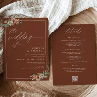 Emerald and Rust Burnt Orange Floral Wedding Invitation