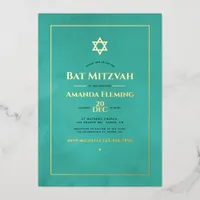 Turquoise and Gold Watercolor Bat Mitzvah Photo Fo Foil Invitation