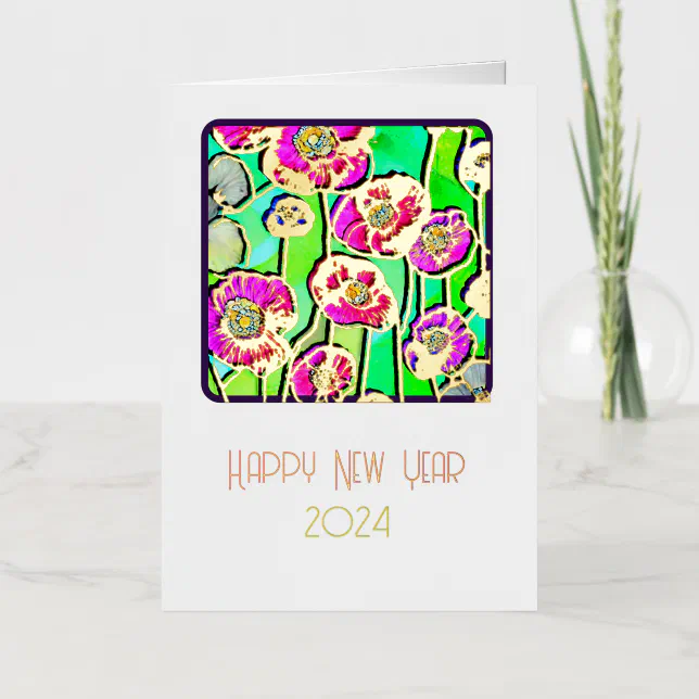 Happy New Year - stain glass anemones - 2024 Foil Greeting Card