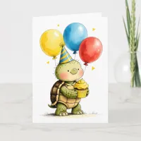 Cute Turtle with Cupcake Kid's Happy Birthday Card