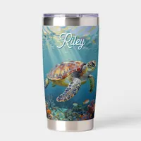 A Sea Turtle and Sun Rays in the Ocean Blue Insulated Tumbler