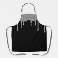 Black Silver Sparkle Glitter Drips Personalized Apron