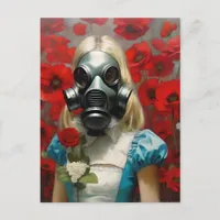 Woman in a Gas Mask Red Flowers Postcard