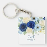 Navy Royal Bue Wedding Watercolor Ivory Flowers Keychain