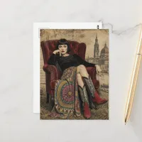 Beautiful 1920s Woman Sits in a Red Chair Postcard