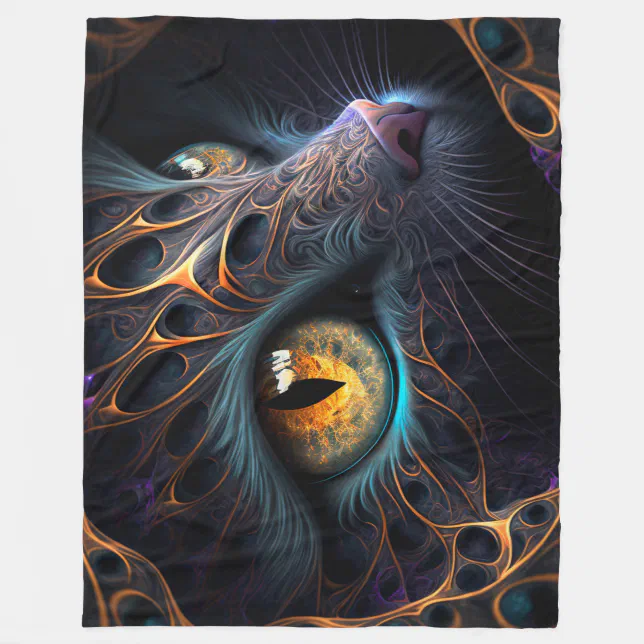 Fractal Cat Face in Black and Vibrant Colors Fleece Blanket