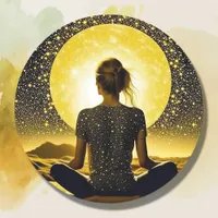 Woman Meditating by Full Moon on Starry Night Classic Round Sticker