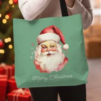 Vintage Retro Santa Claus Green Merry Christmas Tote Bag