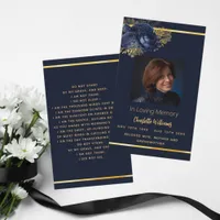 Blue gold photo floral funeral prayer card