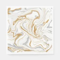 White, Gold and Gray Marble Like Swirls Fluid Art  Napkins