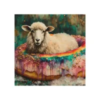 Sheep on a Rainbow Color Floating Doughnut Wood Wall Art