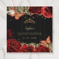 Vintage Red Roses Black Gold Lace Quinceañera Favor Tags