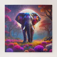 A huge Elephant walking on a path though flower Jigsaw Puzzle