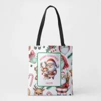 Cute Santa and Reindeer Personalized Christmas Tote Bag